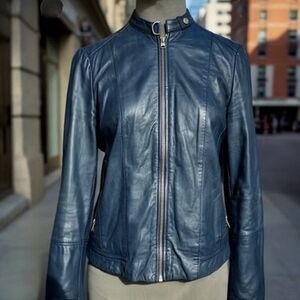 Massimo Dutti Women’s Blue Leather Biker Jacket Zip Front Size M